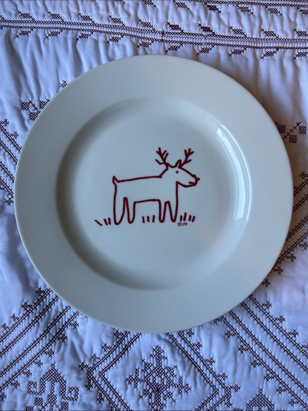 Crate&Barrel Trish Richman 12 inch White Serving Platter w/ Red Reindeer Sketch
